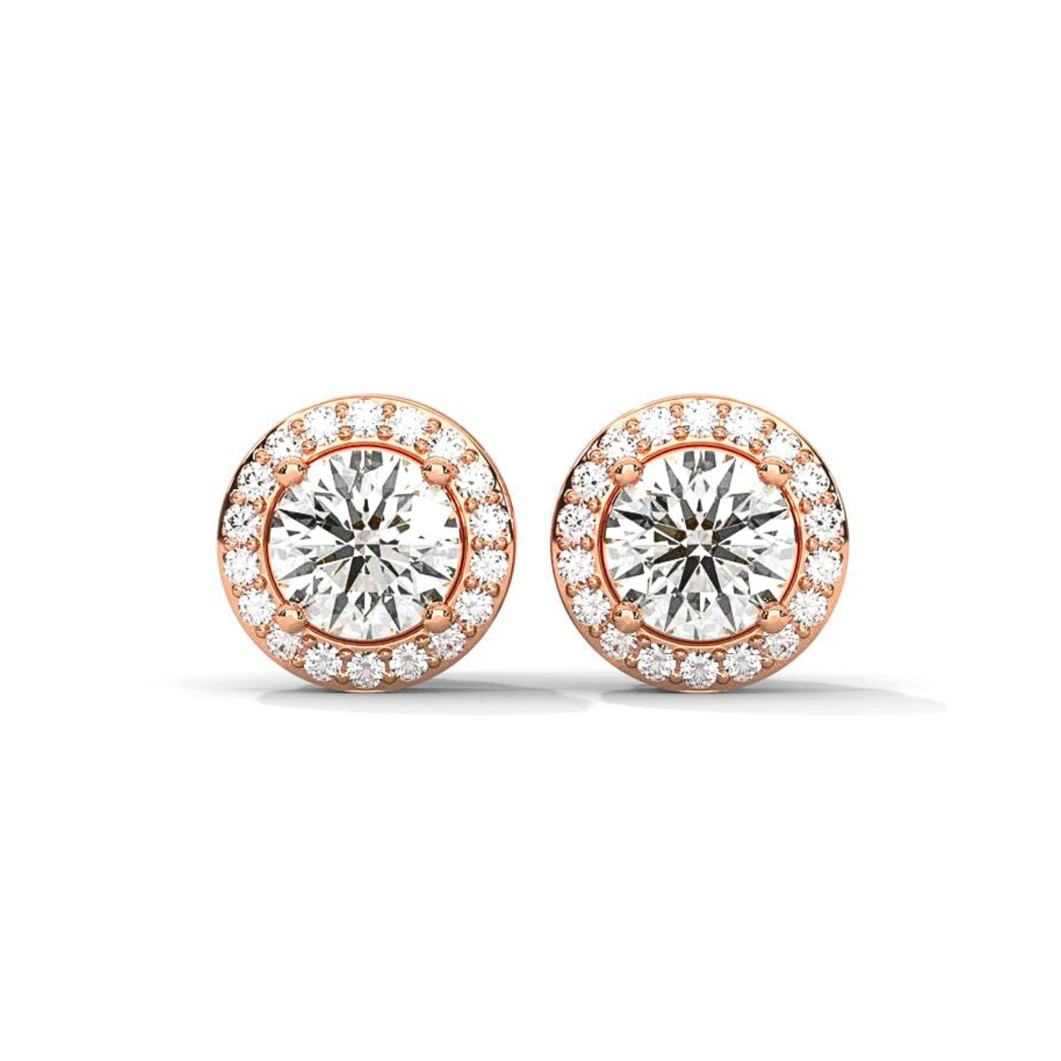 Round Diamond Halo Stud Earrings Rose Gold