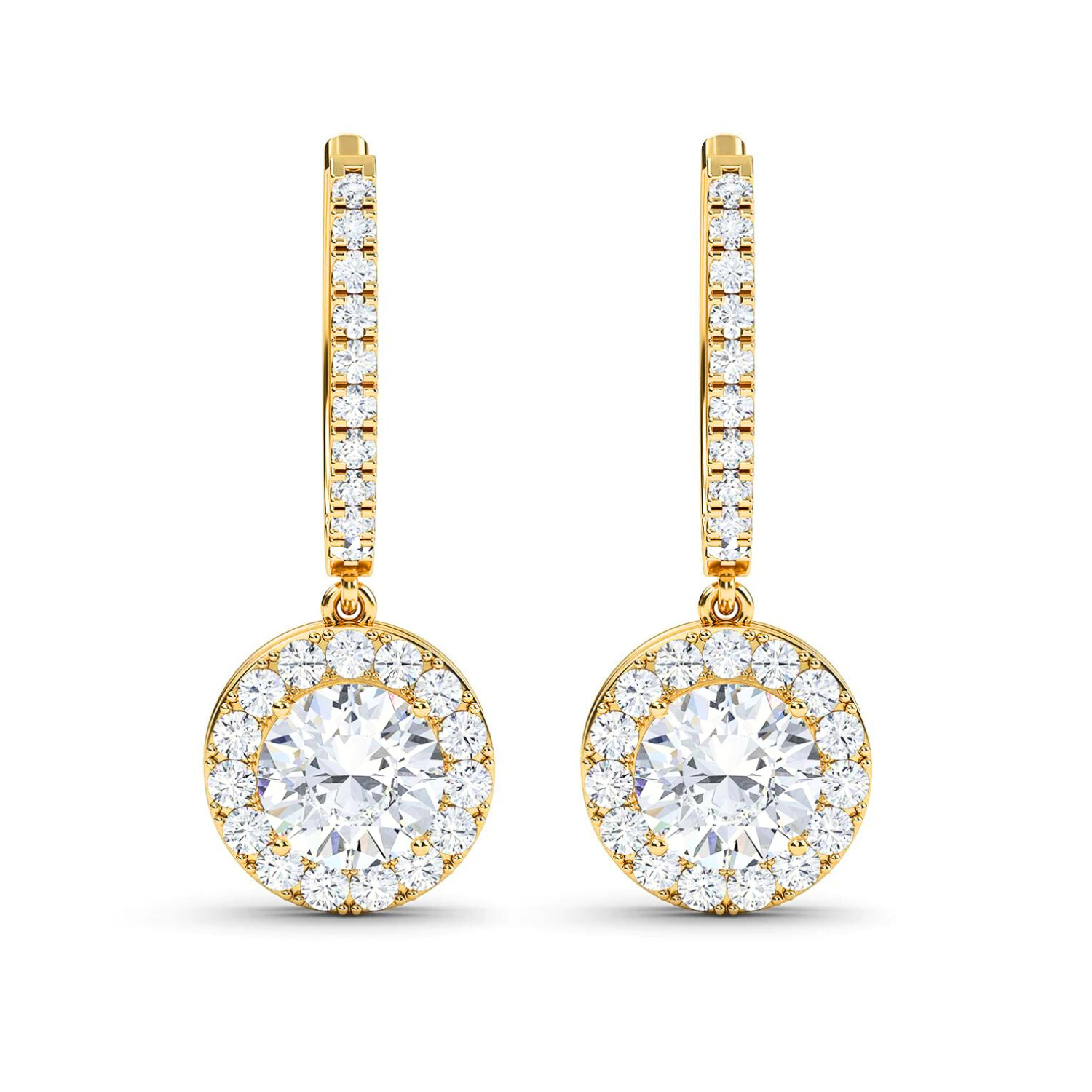 Round Halo Drop Earrings Yellow Gold