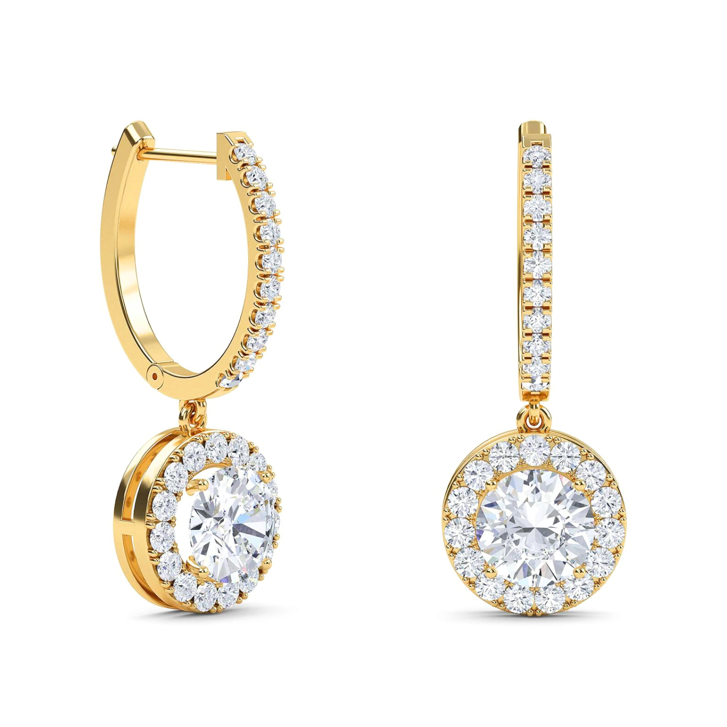 Round Halo Drop Earrings Yellow Gold