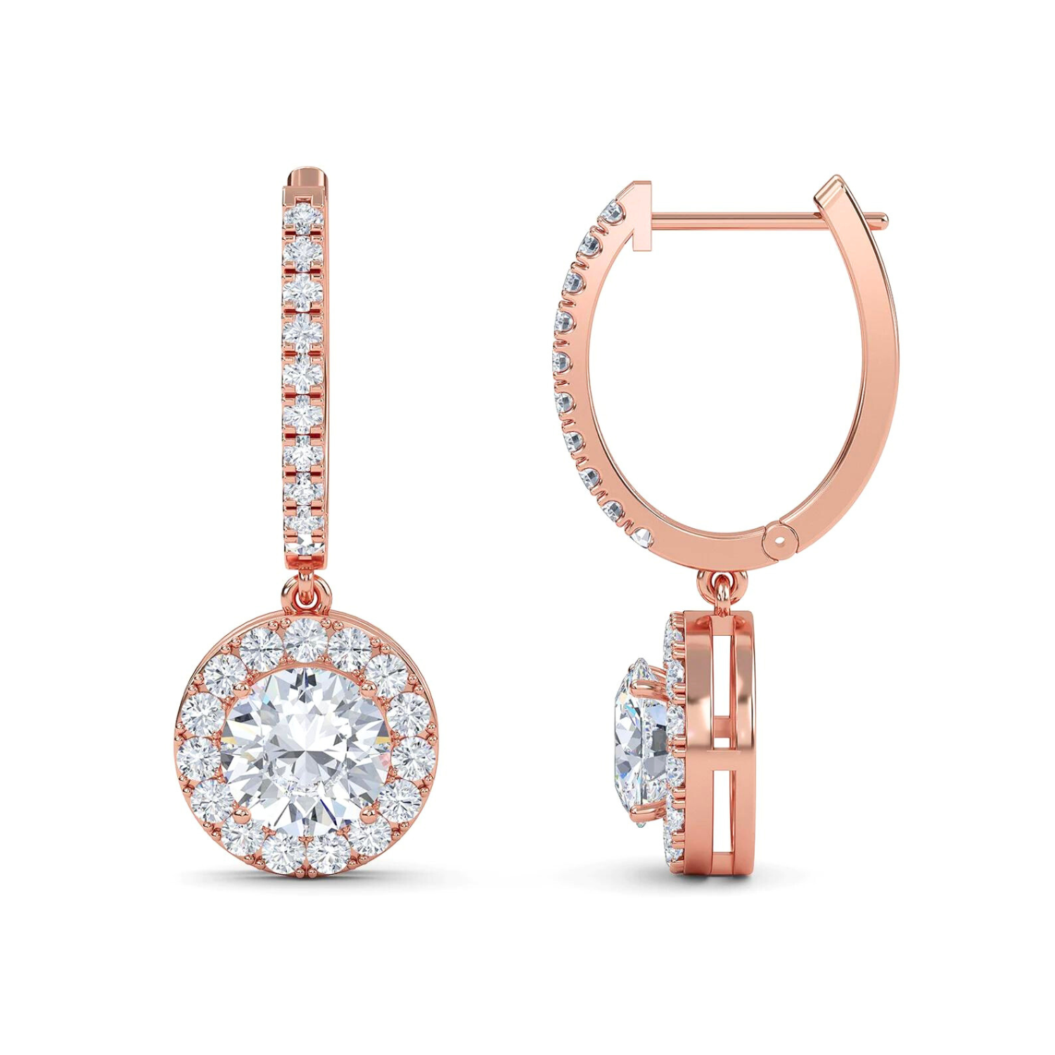 Round Halo Drop Earrings Rose Gold