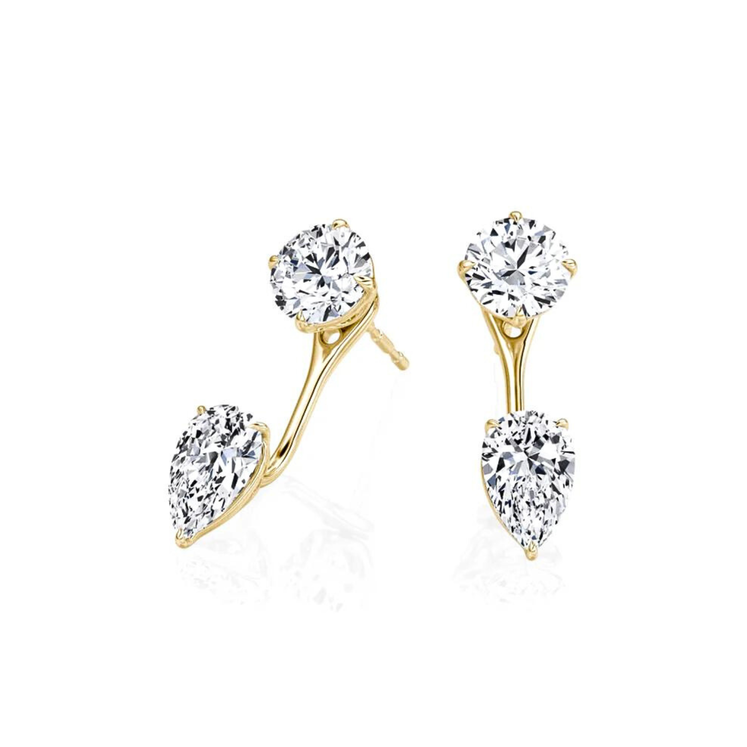 Round and Pear Cut Diamond Stud and Ear Jacket Earrings Yellow Gold
