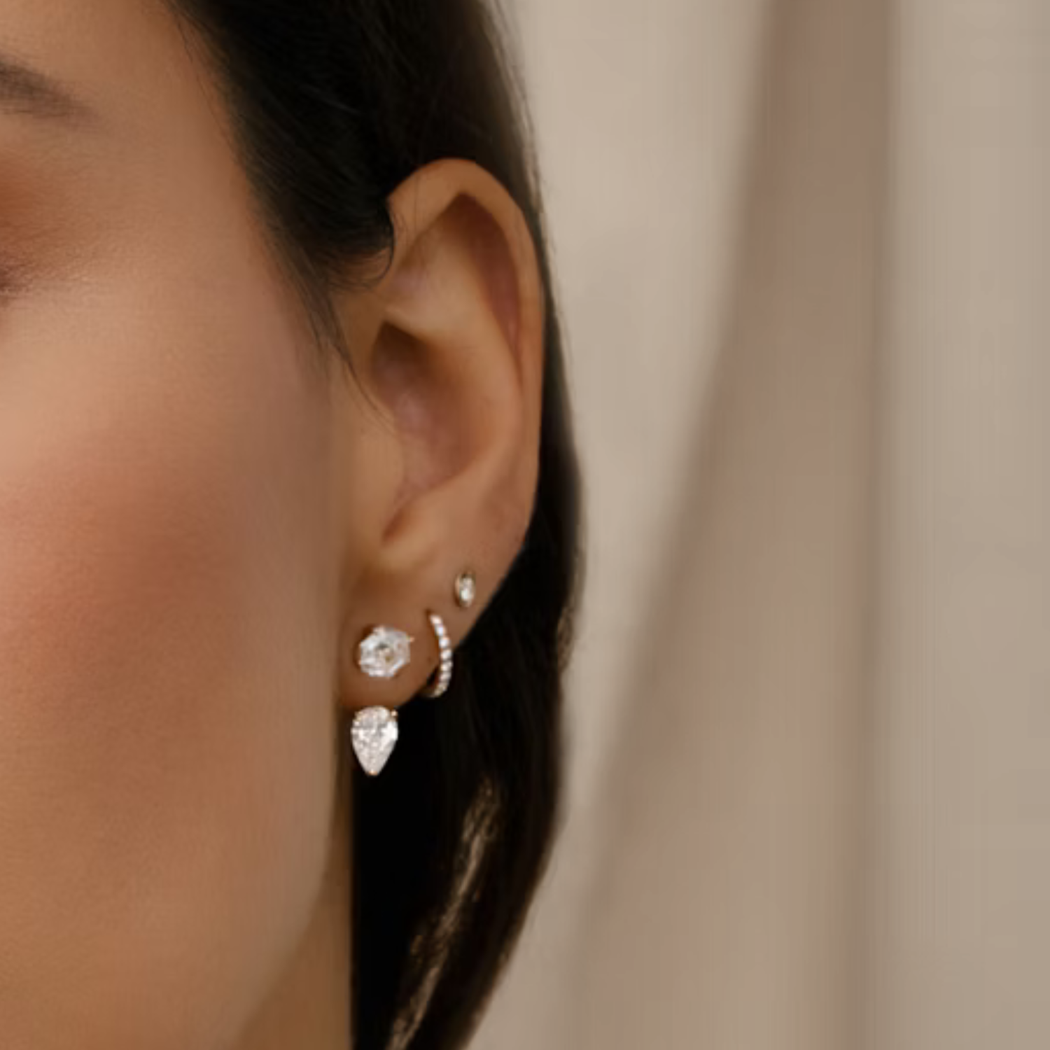 Round and Pear Cut Diamond Stud and Ear Jacket Earrings Stacking
