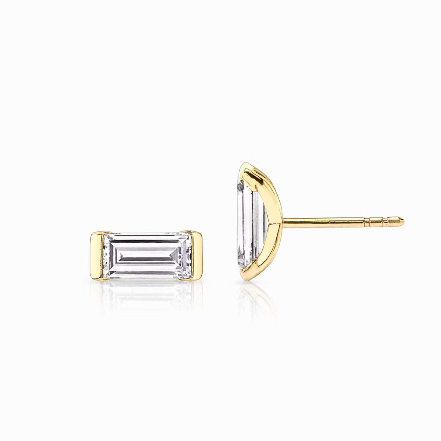 Semi-Bezel Baguette Stud Earrings Yellow Gold
