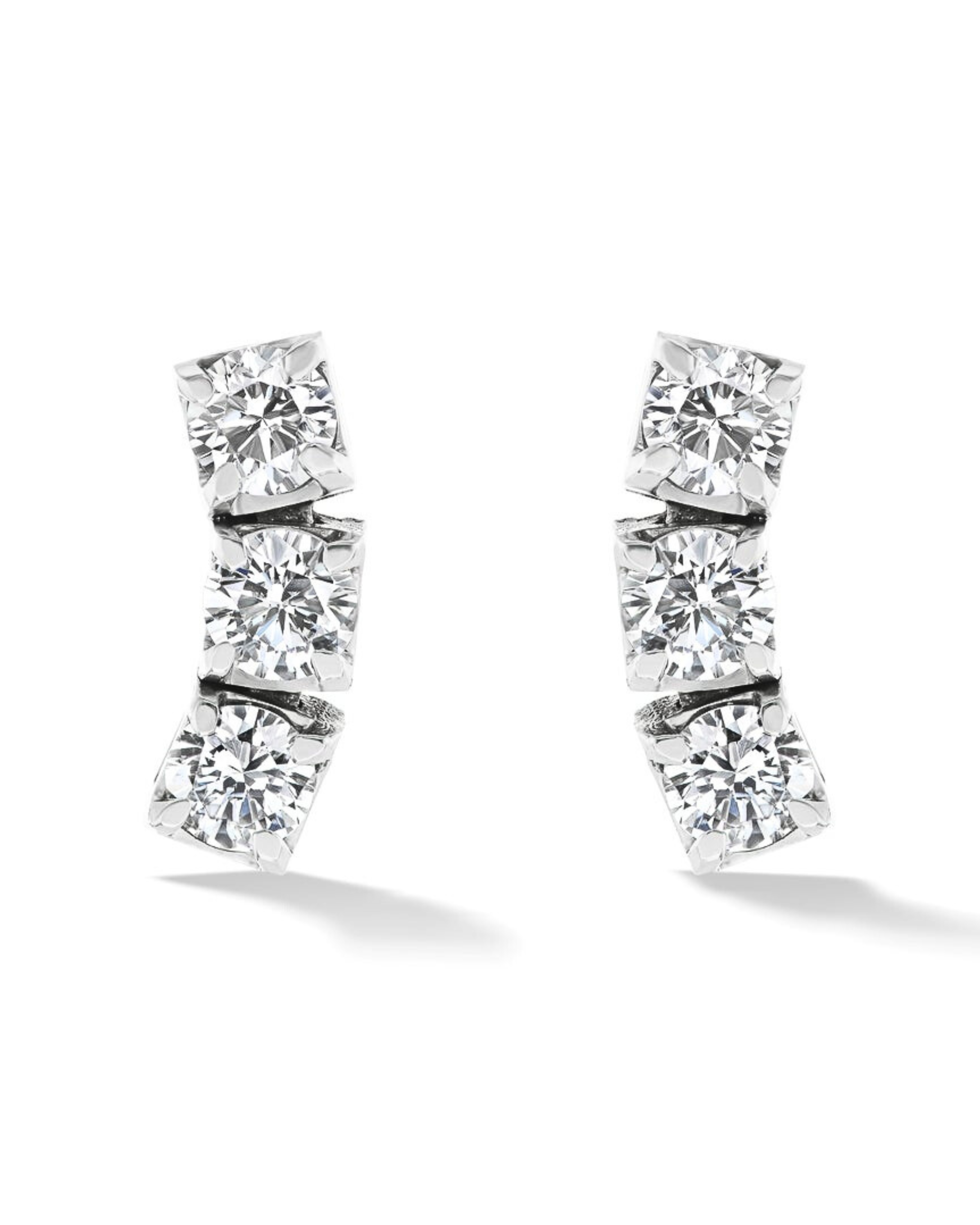 Three Stone Round Stud Earrings White Gold